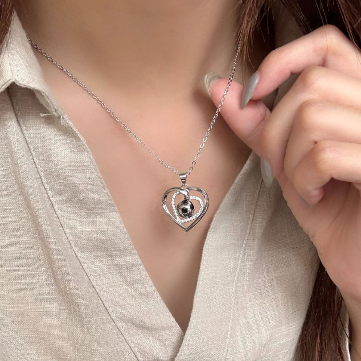 New Elegant Crystal-Encrusted Heart Sphere Necklace with Inner Soccer Ball