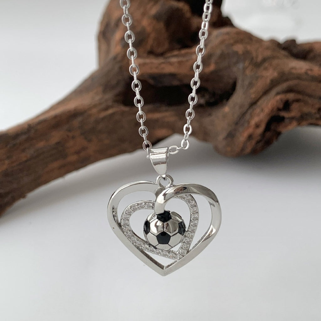 New Elegant Crystal-Encrusted Heart Sphere Necklace with Inner Soccer Ball