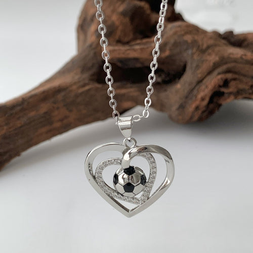 New Elegant Crystal-Encrusted Heart Sphere Necklace with Inner Soccer Ball